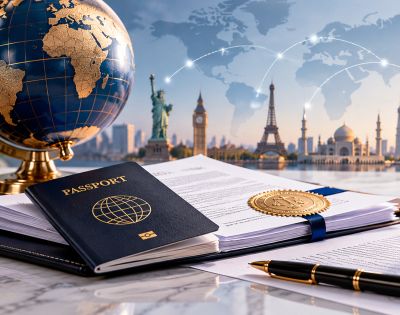 Cross-border document compliance with passport, globe, and international documents