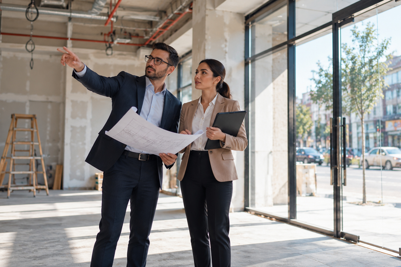 Business professionals reviewing a commercial property during an inspection