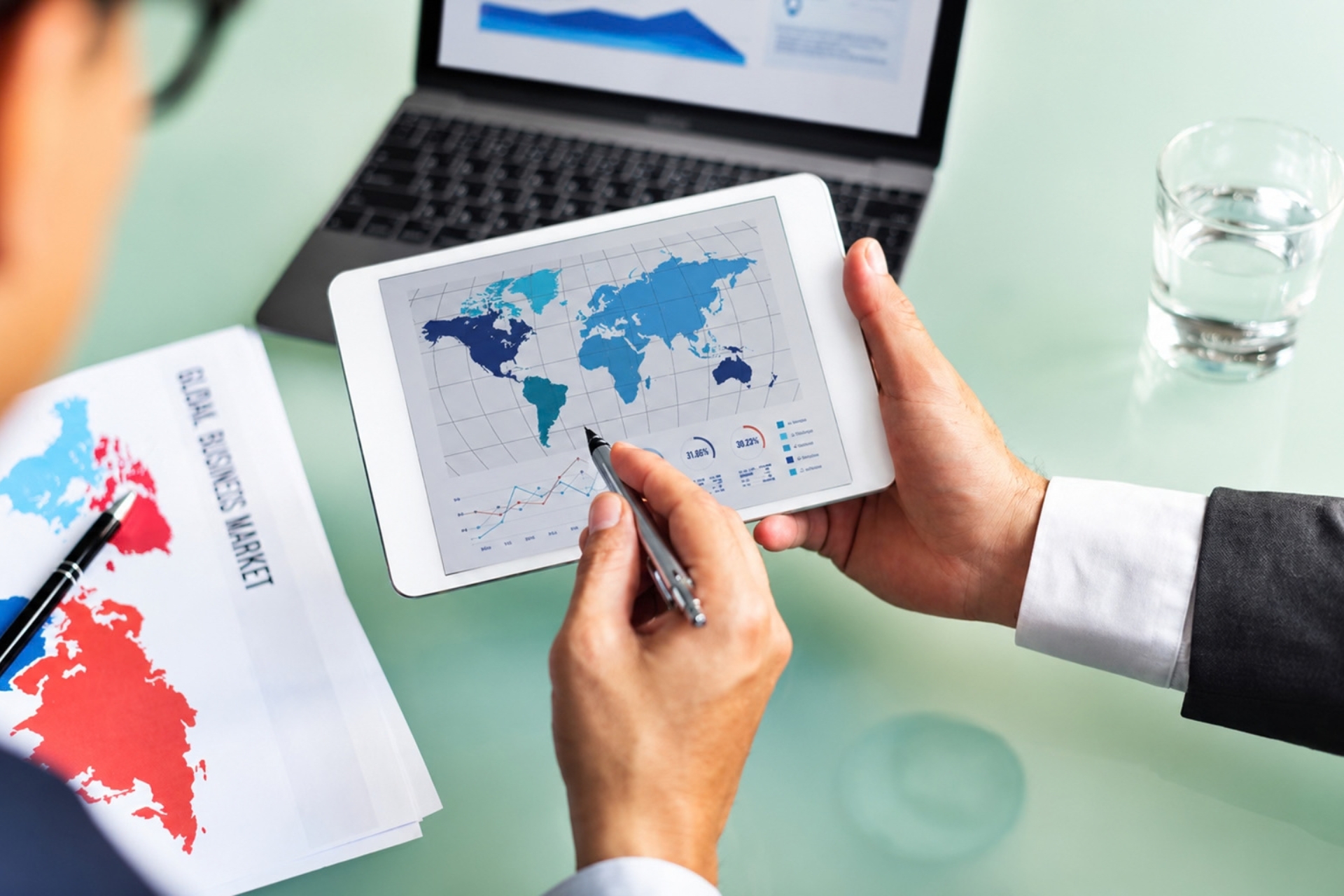 Executive analyzing a digital world map and global market report on a tablet during an international RON transaction