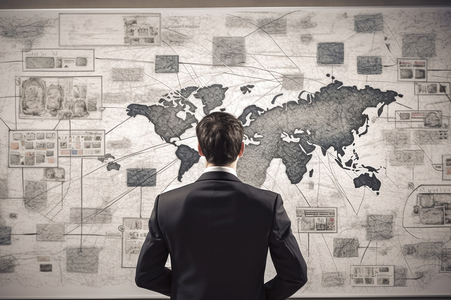 Business professional reviewing a world map for international franchise expansion